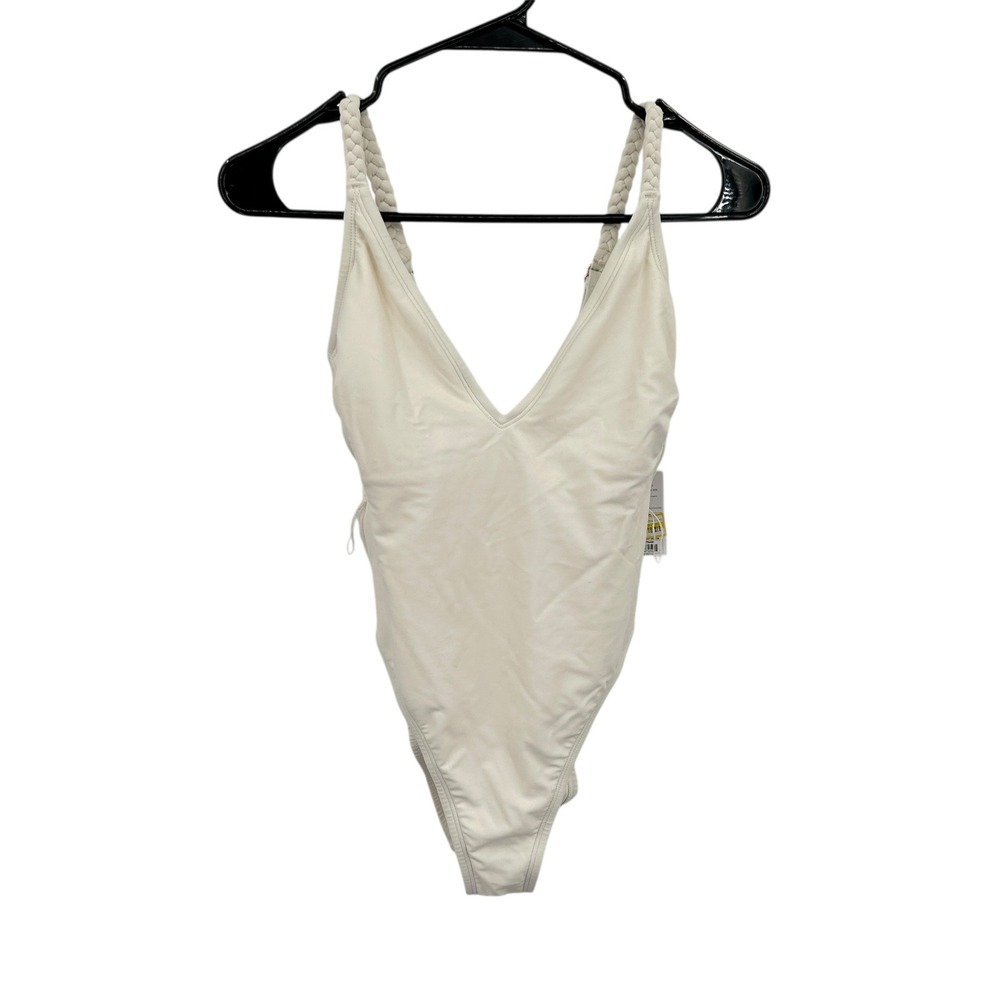 White‎ One Piece Swimsuit XS High Cut Plunge Braided Strap Minimalist Resort